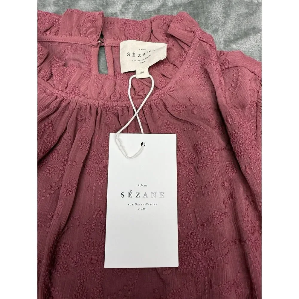 NWT Sezane Embroidered Cotton High Neck Blouse Berry Mauve US 4